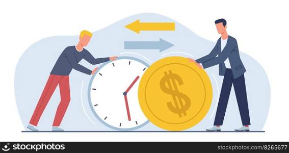 Exchanging time and effort for money and getting paid for work. Men hold huge clock and cold coin. Cost of hour metaphor. Working minutes. Cartoon flat style isolated illustration. Vector concept. Exchanging time and effort for money and getting paid for work. Men hold huge clock and cold coin. Cost of hour metaphor. Working minutes. Cartoon flat style isolated vector concept