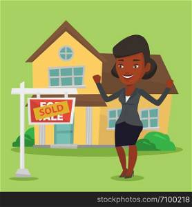 Excited african-american real estate agent standing in front of sold real estate placard and house. Professional successful real estate agent sold house. Vector flat design illustration. Square layout. Real estate agent signing contract.