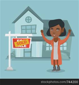 Excited african-american real estate agent standing in front of sold real estate placard and house. Full length of young real estate agent who sold a house. Vector cartoon illustration. Square layout.. African real estate agent with sold placard.