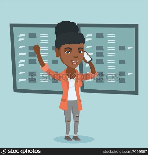 Excited african-american stockbroker talking on the mobile phone on the background of display of stock market quotes. Young stockbroker at stock exchange. Vector cartoon illustration. Square layout.. African stockbroker talking on the mobile phone.
