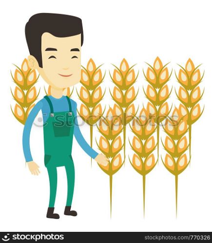 Excited asian farmer standing on the background of wheat field. Smiling young farmer working in wheat field. Farmer checking wheat harvest. Vector flat design illustration isolated on white background. Farmer in wheat field vector illustration.