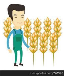Excited asian farmer standing on the background of wheat field. Smiling young farmer working in wheat field. Farmer checking wheat harvest. Vector flat design illustration isolated on white background. Farmer in wheat field vector illustration.