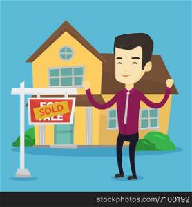 Excited asian real estate agent standing in front of sold real estate placard and house. Full length of successful real estate agent who sold a house. Vector flat design illustration. Square layout.. Real estate agent with sold placard.