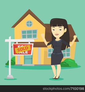 Excited asian real estate agent standing in front of sold real estate placard and house. Full length of successful real estate agent who sold a house. Vector flat design illustration. Square layout.. Real estate agent with sold placard.