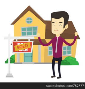 Excited asian real estate agent standing in front of sold real estate placard and house. Successful real estate agent who sold a house. Vector flat design illustration isolated on white background.. Real estate agent with sold placard.