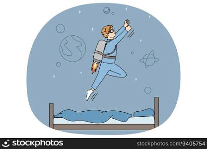 Excited boy child fly from bed in sleep dreaming of becoming astronaut. Small kid flying to universe in dream. Children fantasy concept. Vector illustration.. Boy child dream of becoming astronaut