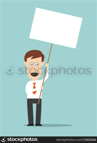 Excited businessman holding in hands signboard placard with copyspace for picket or protest concept design. Cartoon flat style. Businessman holding blank signboard with copyspace