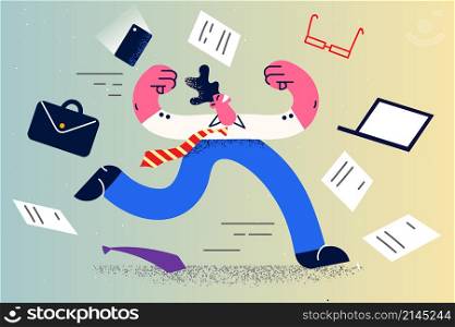 Excited businessman run surrounded with documents and papers overjoyed finish work on Friday. Happy man employee for worker feel joyful and optimistic. Flat vector illustration. . Happy businessmen with papers feeling joyful