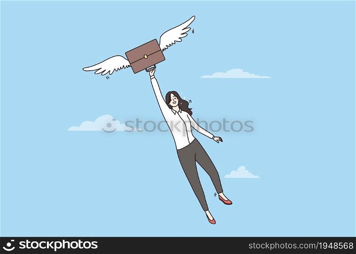 Excited businesswoman fly with her briefcase on wings of success. Smiling woman employee celebrate business goal achievement or success. Career promotion, recruitment. Flat vector illustration.. Excited businesswoman fly on wings of business success