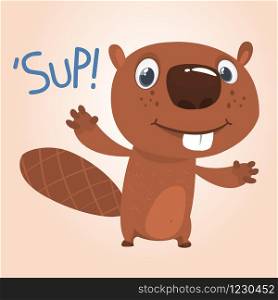 Excited cartoon beaver waving with his hands saying &rsquo;Sup!&rsquo;. Brown beaver mascot. Vector illustration