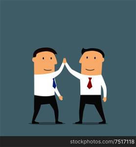 Excited cartoon business partners are doing a high five, congratulating each other with successful deal. Use as partnership, team work, goal achievement, celebration concept design. Businessmen celebrating success with a high five
