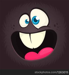 Excited cartoon monster face avatar. Vector Halloween black monster with big mouth. Design for print, children book, party decoration or logo