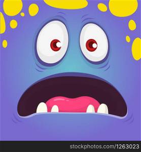 Excited cartoon monster face avatar. Vector Halloween blue monster with big mouth