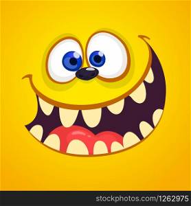 Excited cartoon monster face avatar. Vector Halloween orange monster with big mouth full of teeth.