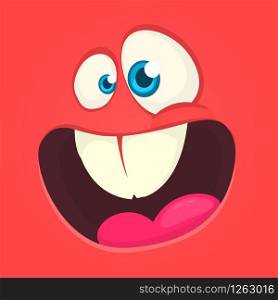 Excited cartoon monster face avatar. Vector Halloween red monster with big mouth