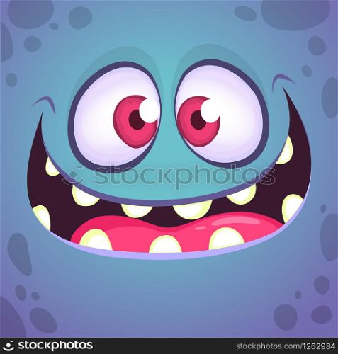 Excited cartoon monster face. Vector Halloween blue monster with wide mouth smiling. Design for print, children book, party decoration or logo