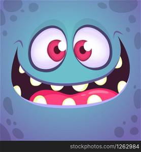 Excited cartoon monster face. Vector Halloween blue monster with wide mouth smiling. Design for print, children book, party decoration or logo