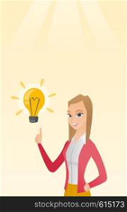 Excited caucasian business woman pointing finger up at bright idea light bulb. Business woman having a great idea. Concept of creative business idea. Vector flat design illustration. Vertical layout.. Business woman having business idea.