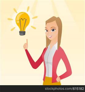 Excited caucasian business woman pointing finger up at bright idea light bulb. Business woman having a great idea. Concept of creative business idea. Vector flat design illustration. Square layout.. Business woman having business idea.