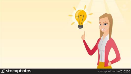 Excited caucasian business woman pointing finger up at bright idea light bulb. Business woman having a great idea. Concept of creative business idea. Vector flat design illustration. Horizontal layout. Business woman having business idea.