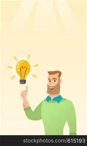 Excited caucasian businessman pointing finger up at bright idea light bulb. Happy businessman having a great idea. Concept of creative business idea. Vector flat design illustration. Vertical layout.. Businessman having business idea.