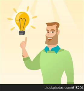 Excited caucasian businessman pointing finger up at bright idea light bulb. Happy businessman having a great idea. Concept of creative business idea. Vector flat design illustration. Square layout.. Businessman having business idea.