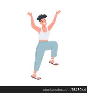 Excited caucasian female flat color vector detailed character. Smiling woman. Jump from excitement. Burst into laughter. Happiness isolated cartoon illustration for web graphic design and animation. Excited caucasian female flat color vector faceless character