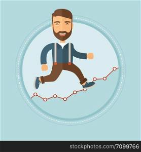 Excited caucasian hipster businessman with beard running along the growth graph. Business growth and business success concept. Vector flat design illustration in the circle isolated on background.. Businessman moving on growth graph.