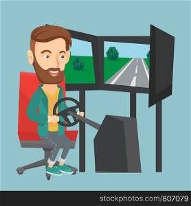 Excited caucasian man playing video game with gaming wheel. Happy smiling gamer driving autosimulator in game room. Man playing car racing video game. Vector flat design illustration. Square layout.. Man playing video game with gaming wheel.