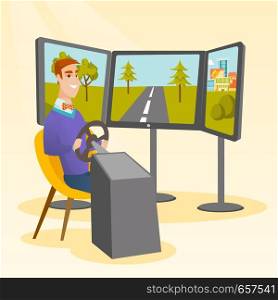 Excited caucasian man playing video game with gaming wheel. Happy smiling gamer driving autosimulator. Young cheerful man playing car racing video game. Vector cartoon illustration. Square layout.. Caucasian man playing video game with gaming wheel