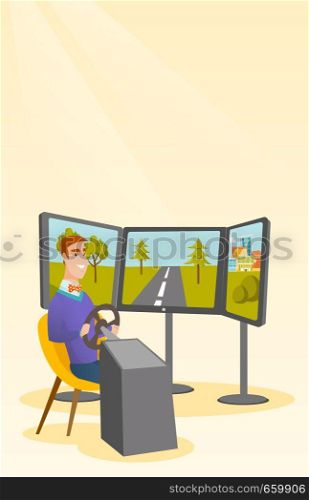 Excited caucasian man playing video game with gaming wheel. Happy smiling gamer driving autosimulator. Young cheerful man playing car racing video game. Vector cartoon illustration. Vertical layout.. Caucasian man playing video game with gaming wheel