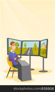 Excited caucasian man playing video game with gaming wheel. Happy smiling gamer driving autosimulator. Young cheerful man playing car racing video game. Vector cartoon illustration. Vertical layout.. Caucasian man playing video game with gaming wheel