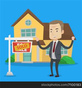 Excited caucasian real estate agent standing in front of sold real estate placard and house. Professional successful real estate agent sold a house. Vector flat design illustration. Square layout.. Real estate agent signing contract.