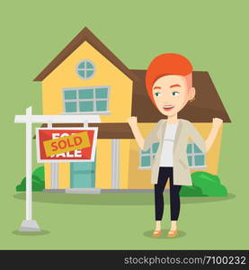 Excited caucasian real estate agent standing in front of sold real estate placard and house. Professional successful real estate agent sold a house. Vector flat design illustration. Square layout.. Real estate agent signing contract.