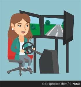 Excited caucasian woman playing video game with a gaming steering wheel. Woman driving a car simulator. Young cheerful woman playing car racing video game. Vector cartoon illustration. Square layout.. Young woman playing video game with gaming wheel.