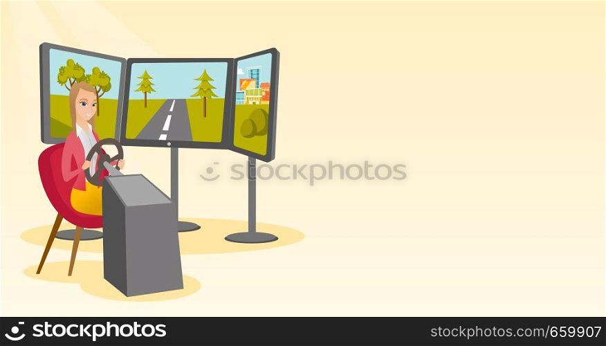 Excited caucasian woman playing video game with gaming wheel. Smiling woman driving autosimulator. Young cheerful woman playing car racing video game. Vector cartoon illustration. Horizontal layout.. Young woman playing video game with gaming wheel.