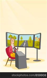 Excited caucasian woman playing video game with gaming wheel. Smiling woman driving autosimulator. Young cheerful woman playing car racing video game. Vector cartoon illustration. Vertical layout.. Young woman playing video game with gaming wheel
