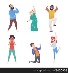 Excited characters. Happy people celebrating victory smile students parents teenagers jumping winning exact vector excited community group. Illustration of happy character excited and smiling. Excited characters. Happy people celebrating victory smile students parents teenagers jumping winning exact vector excited community group