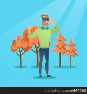 Excited cheerful caucasian gamer wearing virtual reality headset in the park. Young man using virtual reality glasses and playing videogame in the park. Vector cartoon illustration. Square layout.. Man wearing virtual reality headset in the park.
