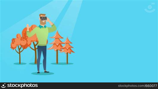 Excited cheerful caucasian gamer wearing virtual reality headset in the park. Young man using virtual reality glasses and playing videogame in the park. Vector cartoon illustration. Horizontal layout.. Man wearing virtual reality headset in the park.