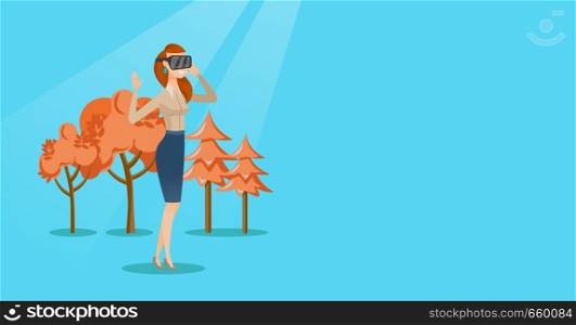 Excited cheerful caucasian gamer wearing virtual reality headset in the park. Young woman using virtual reality glasses and playing videogame in park. Vector cartoon illustration. Horizontal layout.. Woman wearing virtual reality headset in the park.