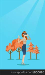 Excited cheerful caucasian gamer wearing virtual reality headset in the park. Young woman using virtual reality glasses and playing videogame in the park. Vector cartoon illustration. Vertical layout.. Woman wearing virtual reality headset in the park.