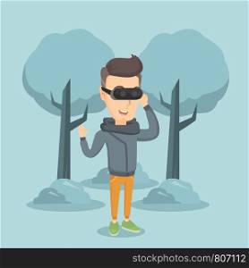 Excited cheerful caucasian gamer wearing virtual reality headset in the park. Happy man using virtual reality glasses and playing videogame in the park. Vector flat design illustration. Square layout.. Man wearing virtual reality headset in the park.