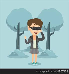 Excited cheerful caucasian woman wearing virtual reality headset in the park. Young woman using virtual reality glasses and playing videogame in the park. Vector cartoon illustration. Square layout.. Woman wearing virtual reality headset in the park.