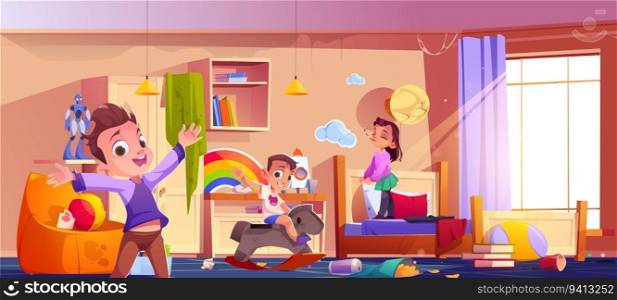 Excited children playing in messy room. Vector cartoon illustration of active little boys and girl running, riding rocking horse, jumping on bed. Litter and food leftovers on floor, cobweb on ceiling. Excited children playing in messy room