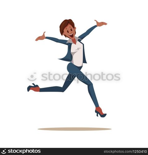 Excited Coworker Woman Wearing Pantsuit Jump Up. Happy, Smiling Office Worker Character in Formal Suit Celebrate Success. Emotion Expression by Jumping. Cartoon Flat Vector Illustration. Excited Coworker Woman Wearing Pantsuit Jump Up