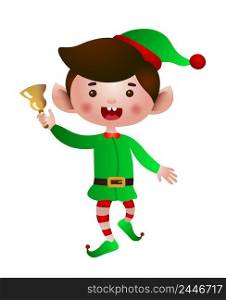 Excited elf jumping and ringing bell vector illustration. Christmas Eve, fantasy, fairytale. Holiday concept. Can be used for greeting cards, invitations, posters, leaflets, brochure
