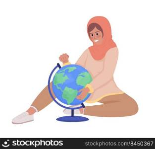Excited girl studying 3d Earth globe semi flat color vector character. Editable figure. Full body person on white. Education simple cartoon style illustration for web graphic design and animation. Excited girl studying 3d Earth globe semi flat color vector character