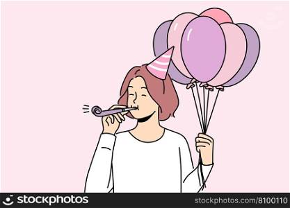 Excited girl with balloons blow in whistle celebrate birthday. Happy woman have fun on anniversary celebration. Vector illustration. . Happy girl with balloons blow in whistle 
