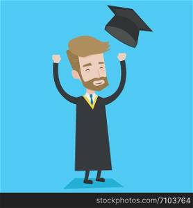Excited graduate in cloak and graduation hat. A hipster graduate with the beard throwing up his hat. Cheerful graduate with hands raised celebrating. Vector flat design illustration. Square layout.. Graduate throwing up his hat vector illustration.